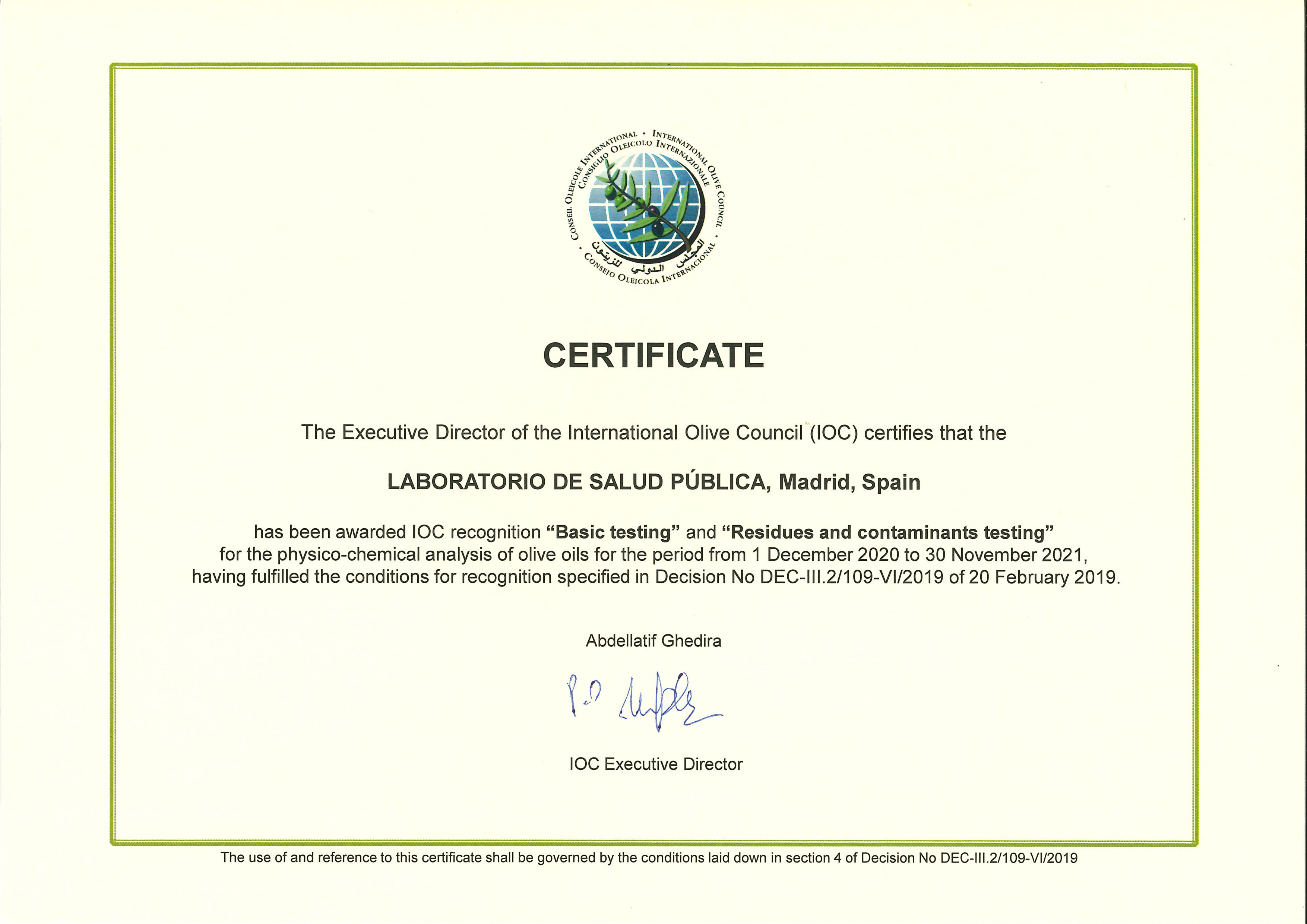 El Laboratorio de Salud Pública obtiene el Certificado de reconocimiento del Consejo Oleícola Internacional