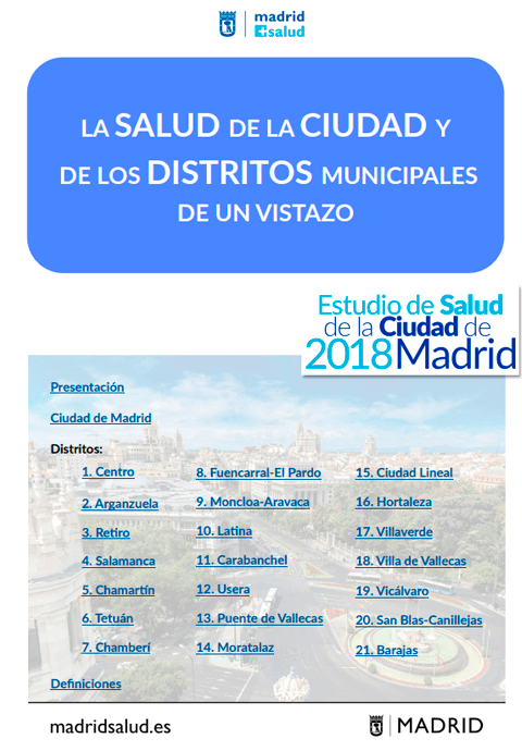 La salud de la ciudad y de los distritos municipales de un vistazo. Estudio de salud de la ciudad de Madrid. 2018